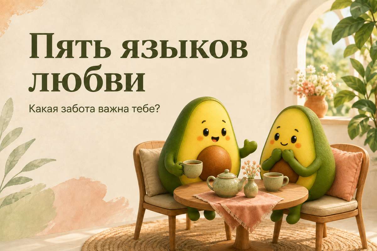 Два авокадика беседуют за чашкой чая. Надпись: «Пять языков любви — какая забота важна тебе?»